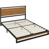 Queen size Modern Metal Platform Bed Frame with Solid Brown Wood Slatted Headboard